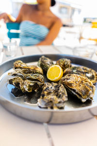 Close-up of dessert served in plate on table