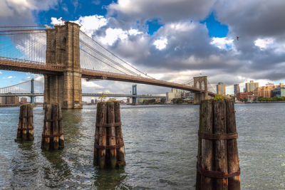 View of bridge over river against cloudy sky