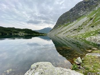 Scenic view of lake and mountains against sky