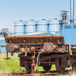 Train on railroad track against clear sky