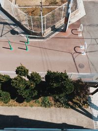 High angle view of trees by street in city