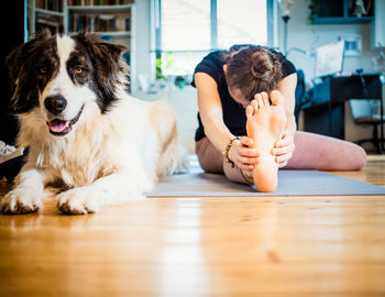 Woman stretching while sitting on floor with dog at home