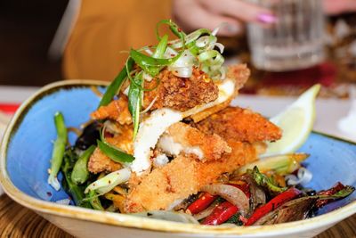 Close-up of seafood in plate on table