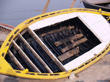 Yellow boat against sky, varanasi india