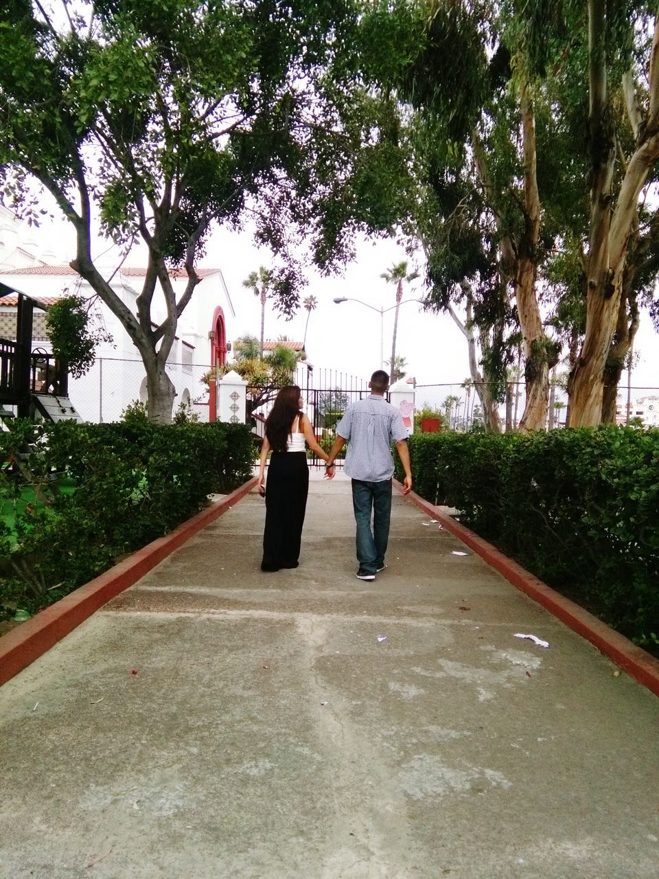 tree, full length, lifestyles, rear view, walking, leisure activity, the way forward, casual clothing, men, person, footpath, day, growth, transportation, railing, road, childhood