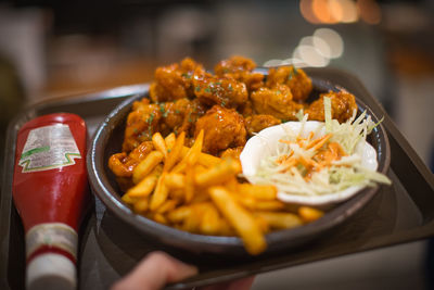 Close-up of meal served on table