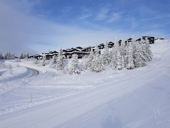 Snow covered land against sky