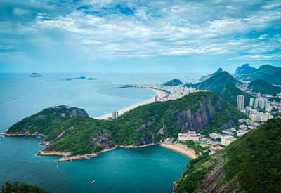 High angle view of bay against sky