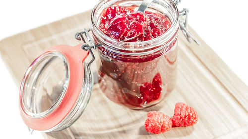 High angle view of dessert in glass jar on table