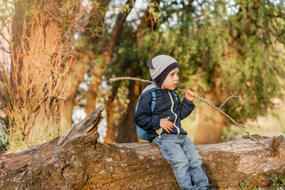 Rear view of boy standing on rock in forest