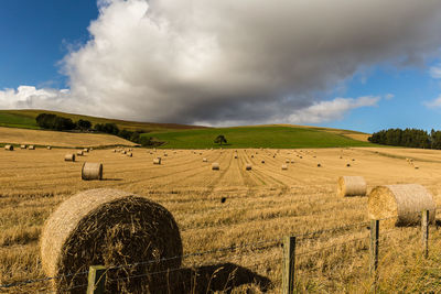 Hay bales on field against sky