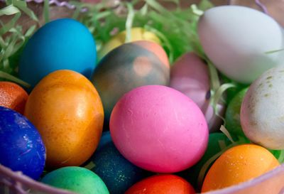 Close-up of colorful easter eggs in bowl