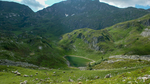 High angle view of mountain range against sky