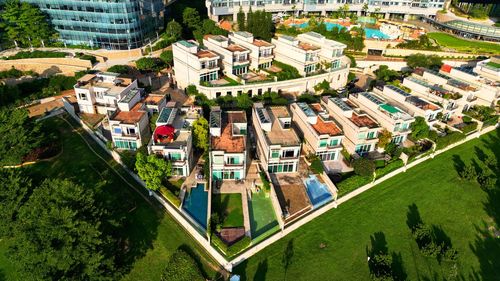 High angle view of buildings in city