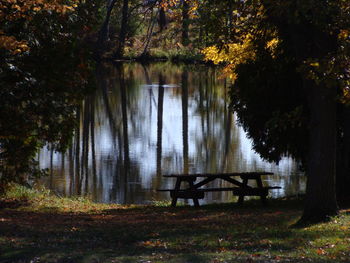 Empty bench by lake in park during autumn