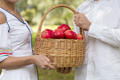 Midsection of woman giving basket full of apples in park