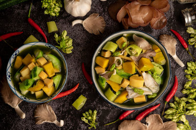 High angle view of fruits in bowl on table