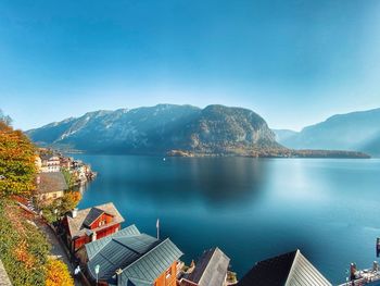 Scenic view of sea and mountains against blue sky