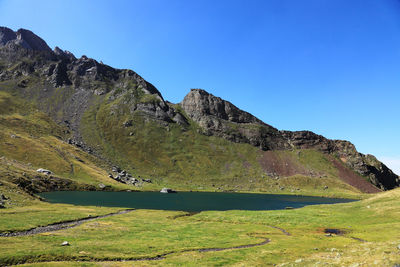 Scenic view of mountains against clear blue sky