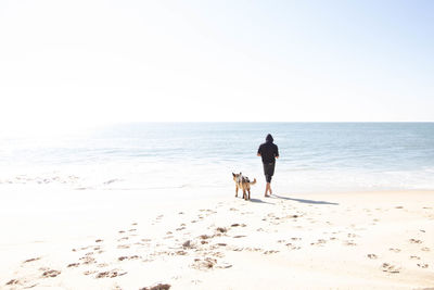 Full length man walking with dog on beach