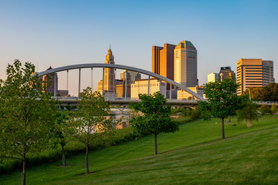 View of modern buildings against clear sky