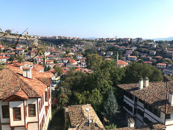 High angle view of townscape against clear sky