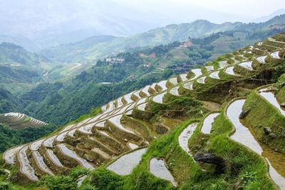 High angle view of mountains against sky