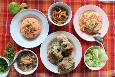 High angle view of food served on table