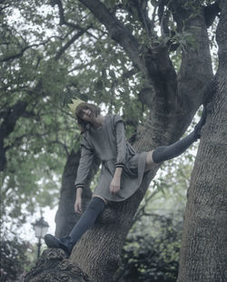 Low angle view of man on tree trunk in forest