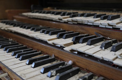 Closeup of an old organ in an abandoned house