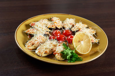 High angle view of breakfast served on table
