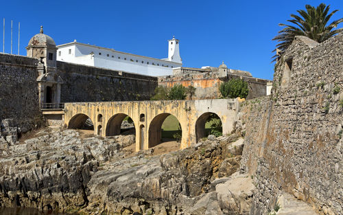 Panoramic view of old historic building against clear blue sky