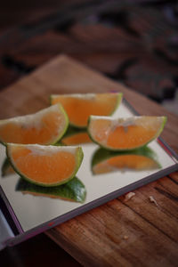 High angle view of orange fruit on table