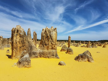 View of rock formations on landscape against sky