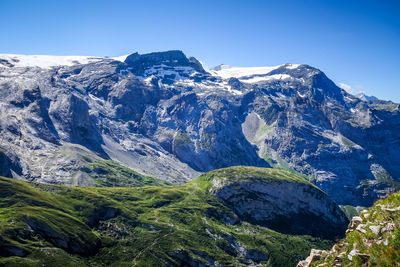 Scenic view of snowcapped mountains against clear blue sky