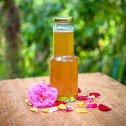 Close-up of honey of pink flower on table