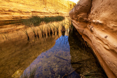 Reflection of rock formation in lake