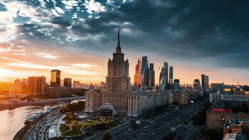 Illuminated buildings in city