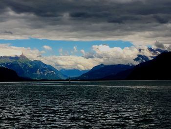 Scenic view of lake and mountains against sky