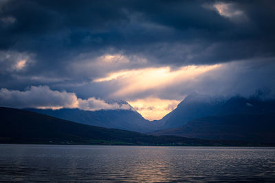 Scenic view of lake against sky during sunset