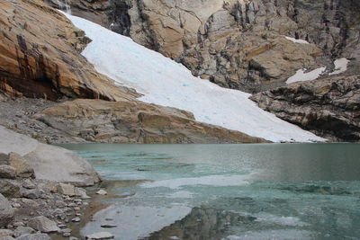 Scenic view of snow covered mountains