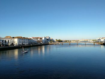 Scenic view of river by buildings against clear blue sky