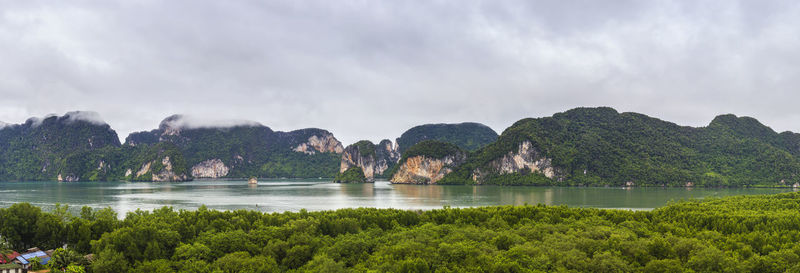 Beautiful panoramic view of krabi montains and sea at leamsak temple, aoleuk, krabi, thailand.