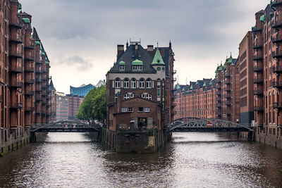 Canal amidst buildings in city against sky