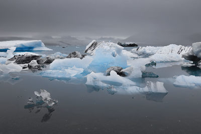 View of ice in lake against sky