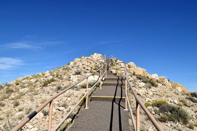 Low angle view of mountain against clear blue sky