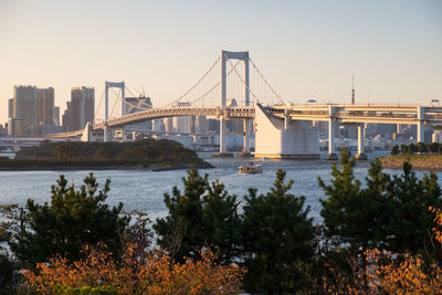 Bridge over river with city in background