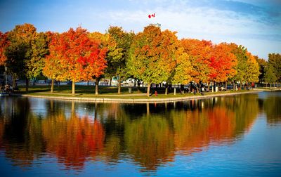 Scenic view of autumn trees by lake against sky