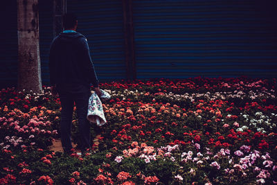 Rear view of woman standing by plants