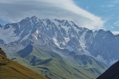 Scenic view of snowcapped mountains against sky